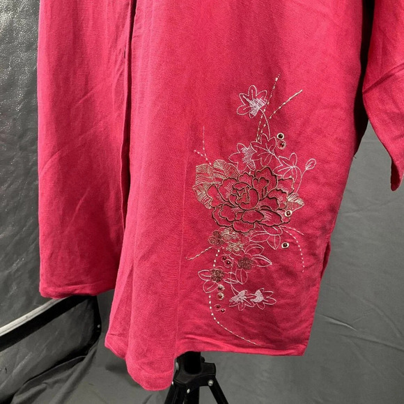 Avenue Top Women 22/24 Red Linen Floral Embroidery Button Up Ruched Sleeve Shirt - Picture 6 of 11